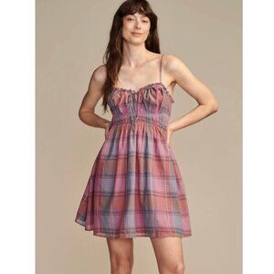 Lucky Brand Plaid Smocked Sweetheart Mini Dress Mellow Mauve Plaid Size M NEW